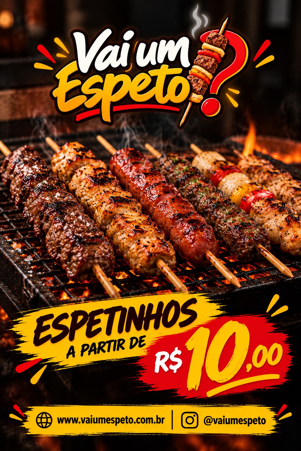 Material da Vai um Espeto com espetinhos na brasa a partir de 10 reais